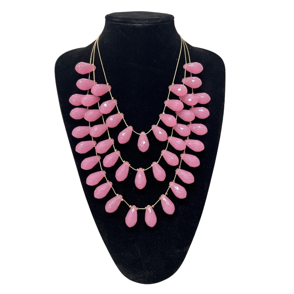 M. Haskell Bib Necklace Pink Triple Strand Teardrop Bead Statement Gold Tone NOS